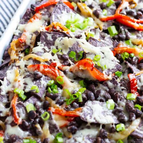 A sheet pan of bell pepper nachos.