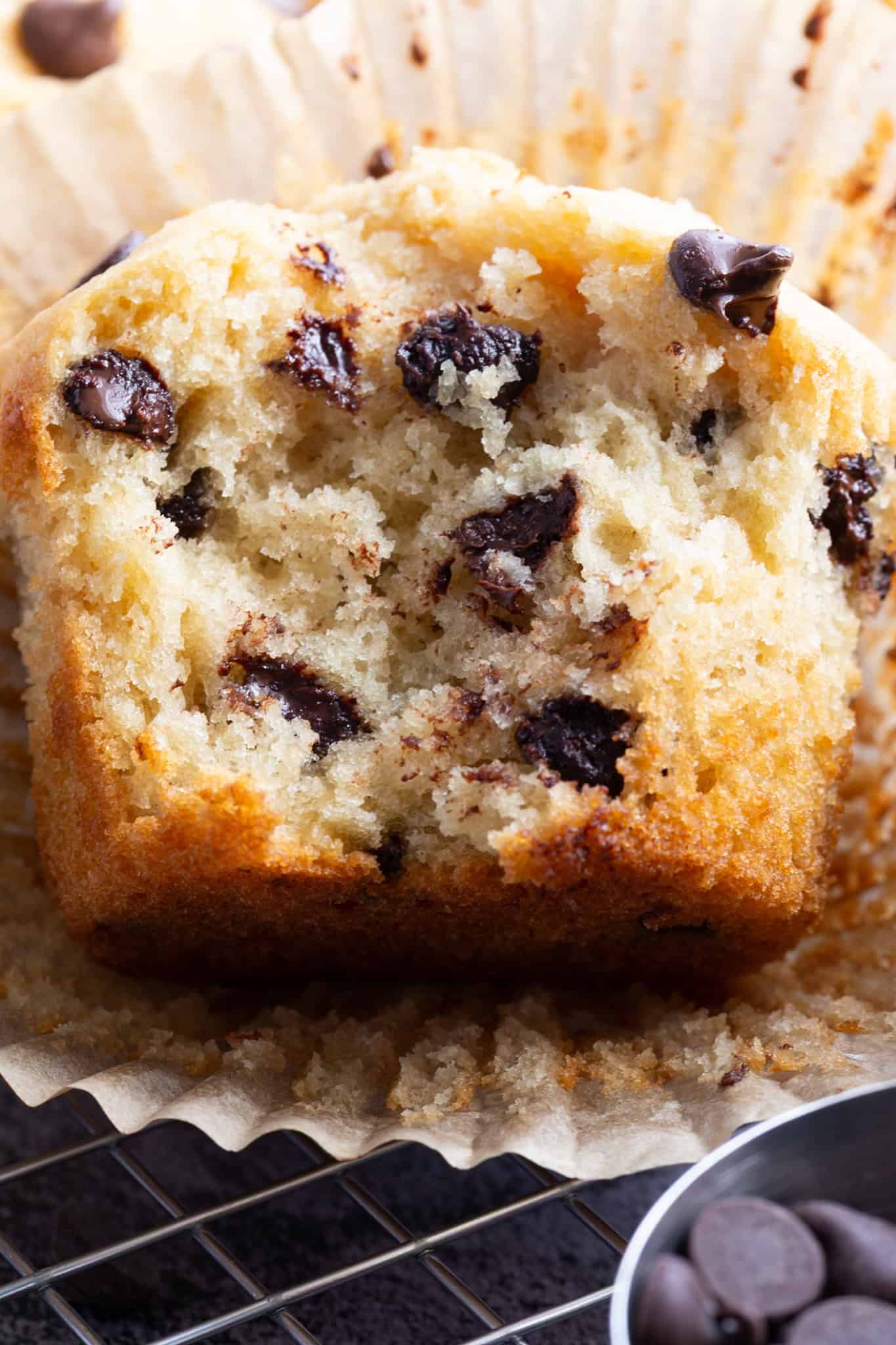 A closeup of the center of a chocolate chip muffin.