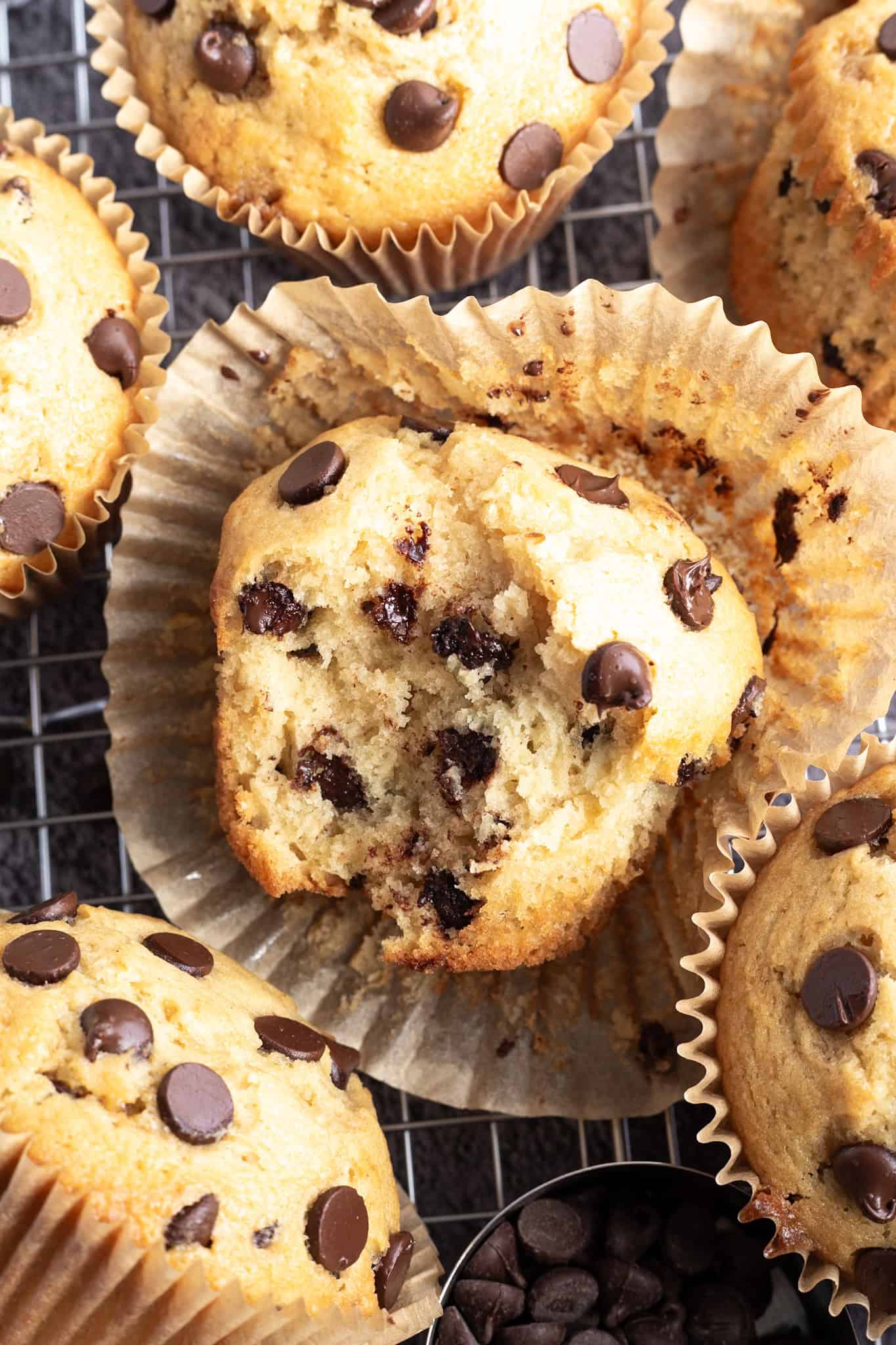 The interior of a bakery-style chocolate chip muffin.