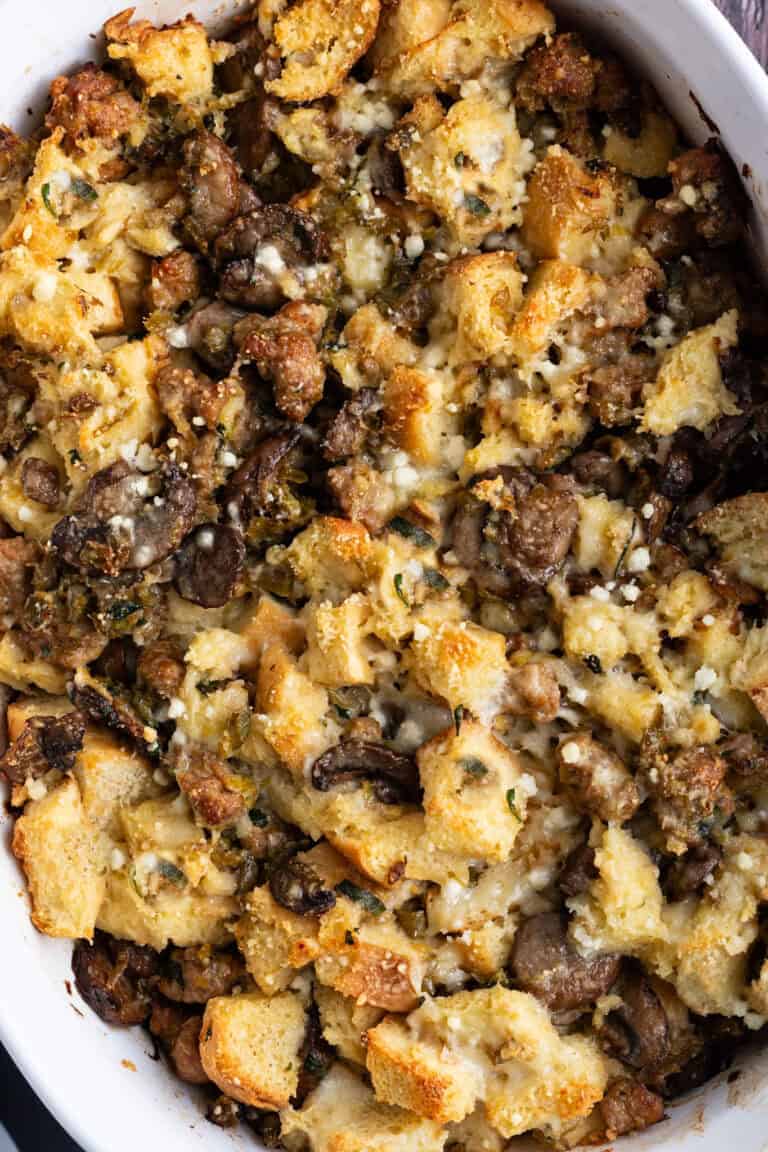 Stuffing with sweet Italian sausage, mushrooms, and Pecorino.