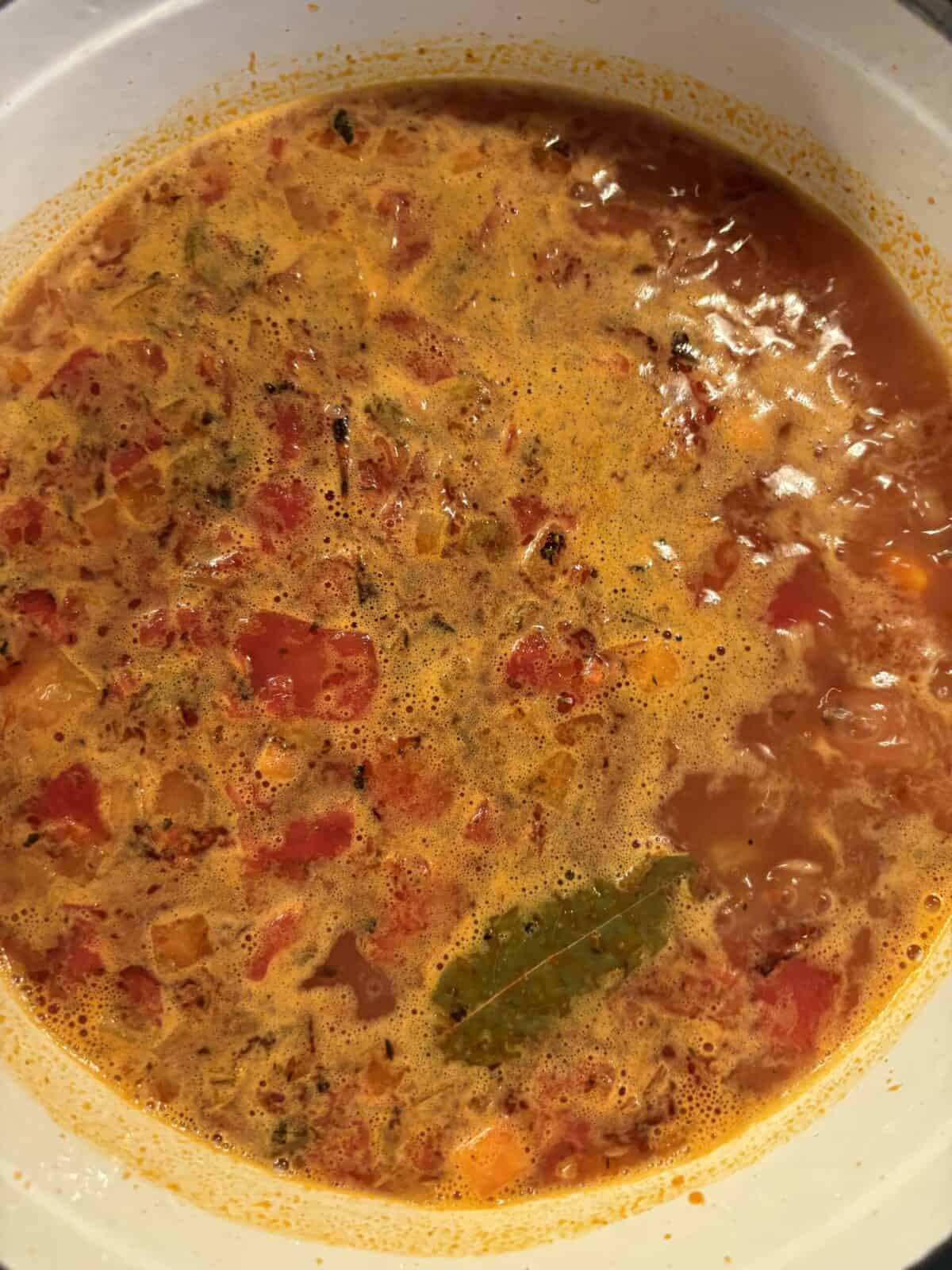 Turkey orzo soup with the orzo added to the pot.