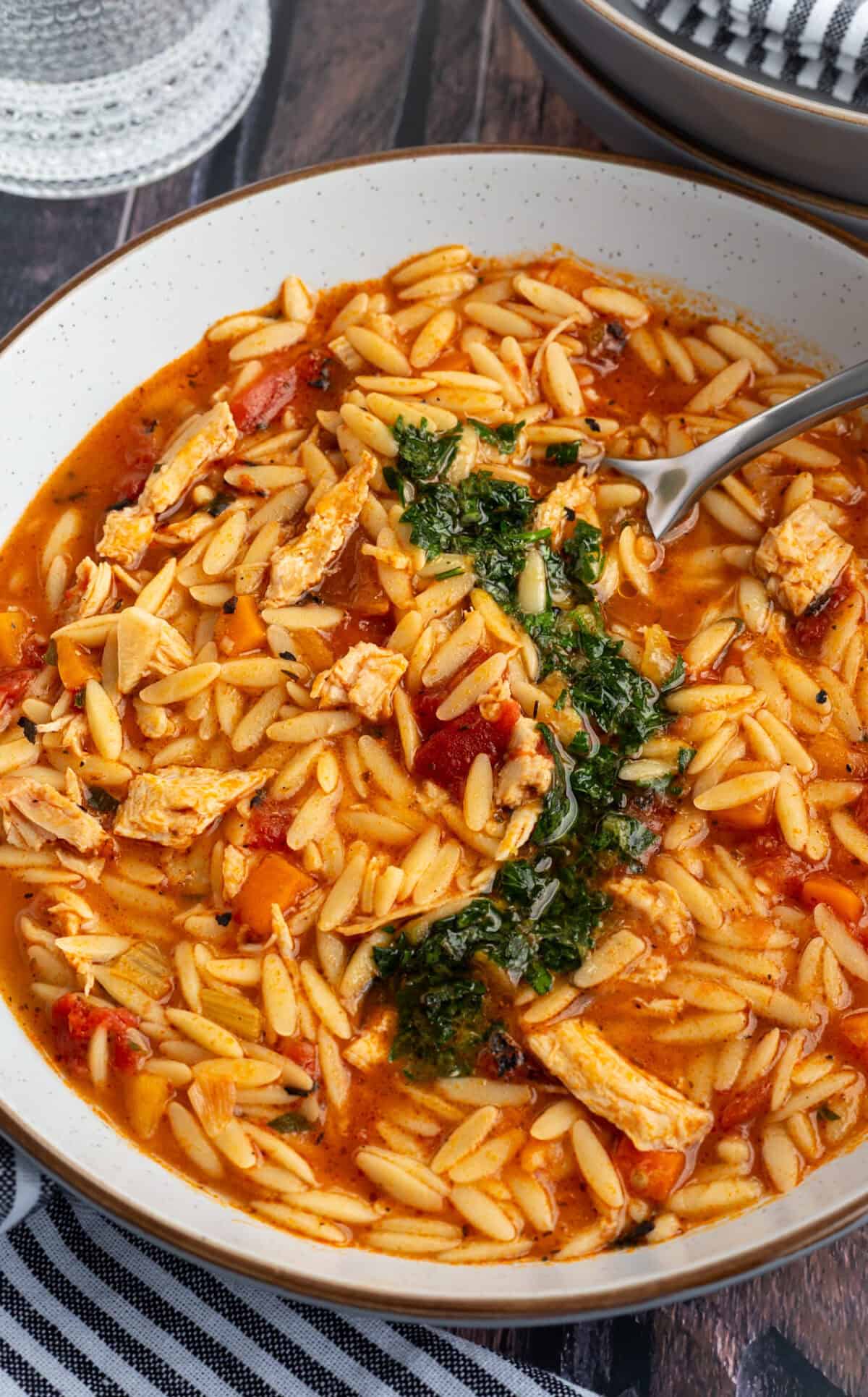 A bowl of turkey orzo soup with fire-roasted tomatoes and gremolata.