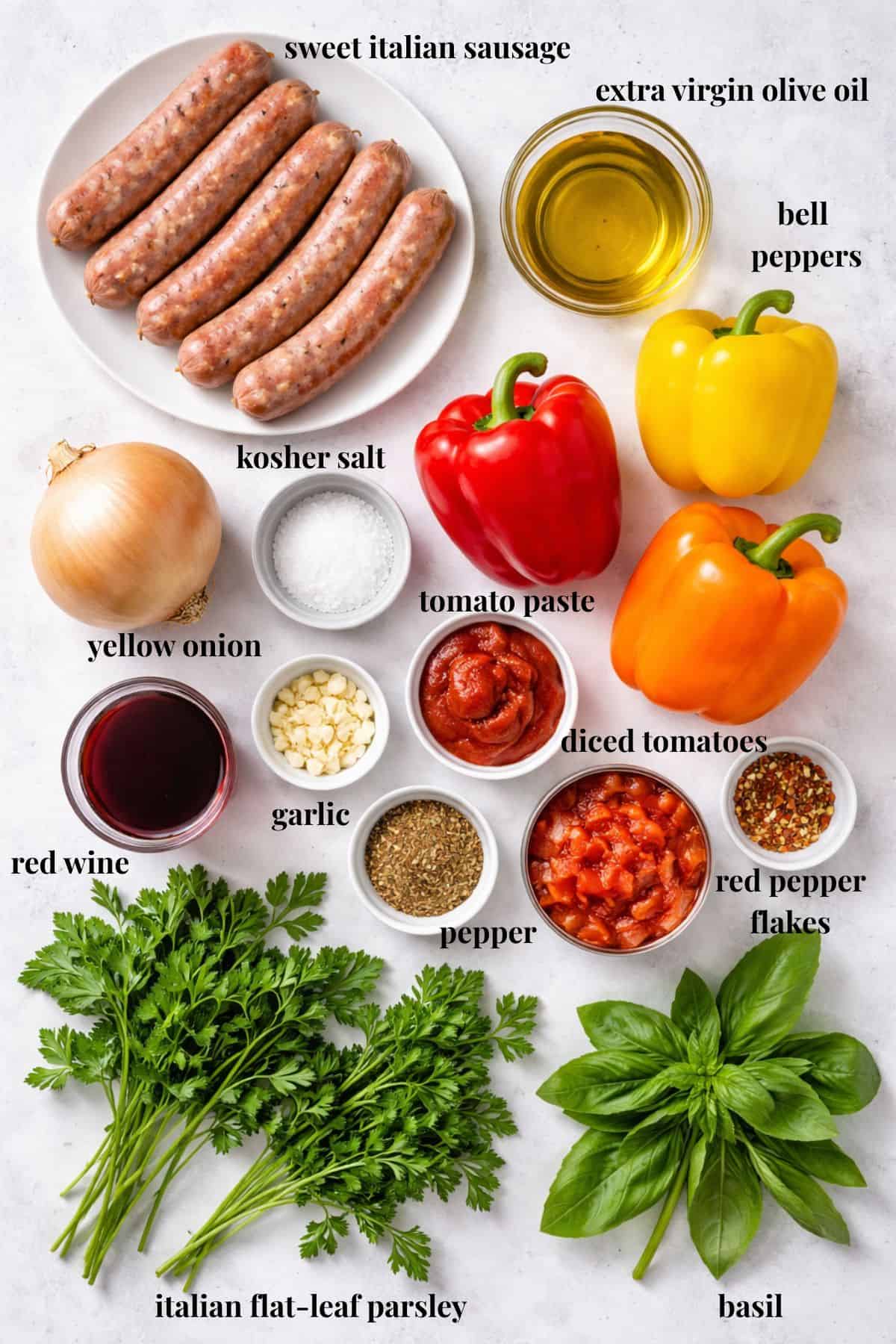 Ingredient images for hearty Italian sausage and bell peppers.