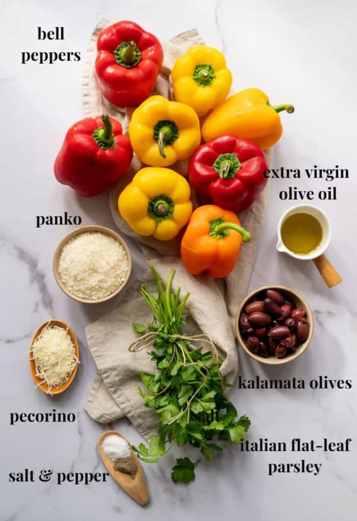 Ingredient images for a sweet pepper recipe with olives.