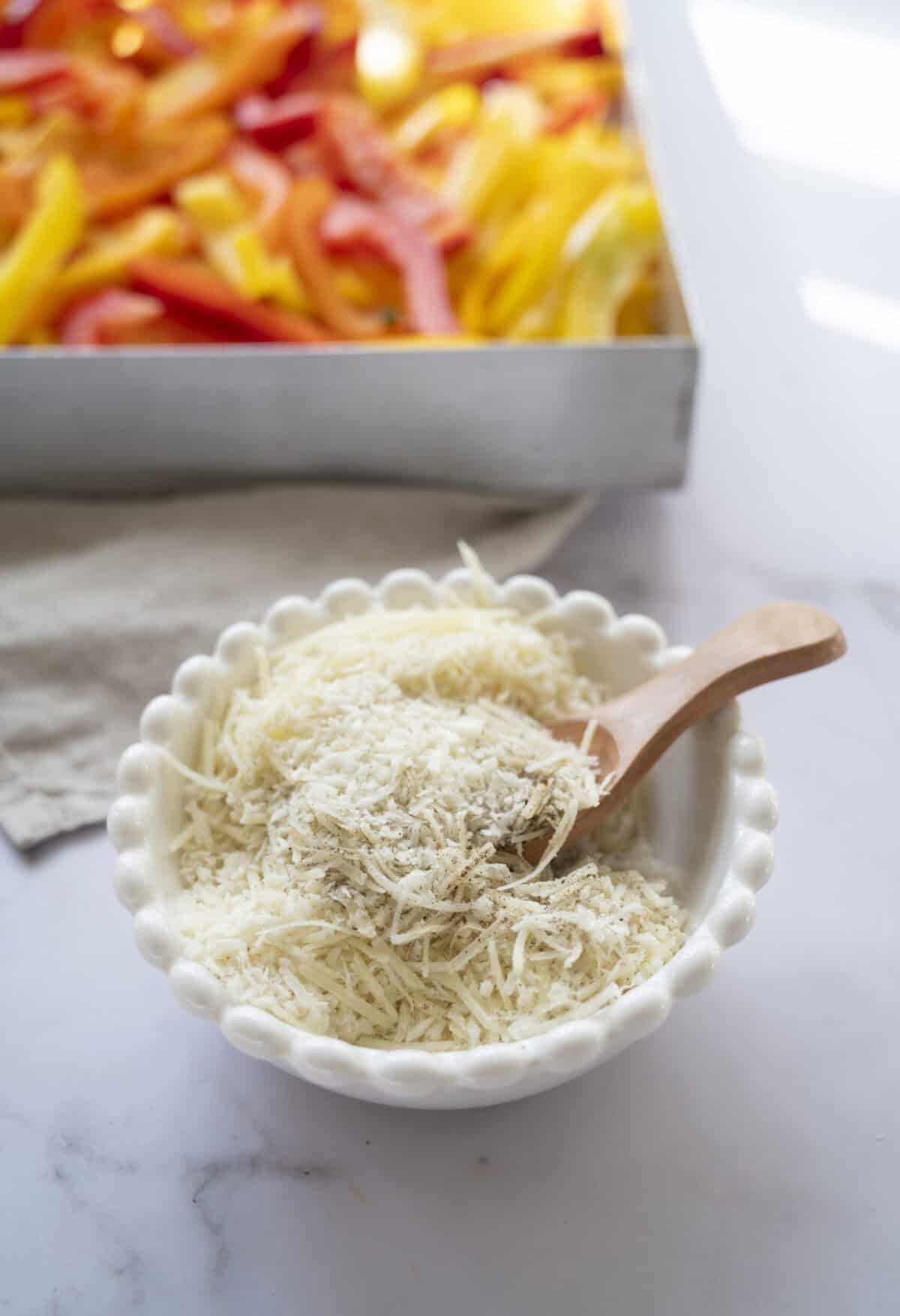 A bowl of Panko mixed with Pecorino.