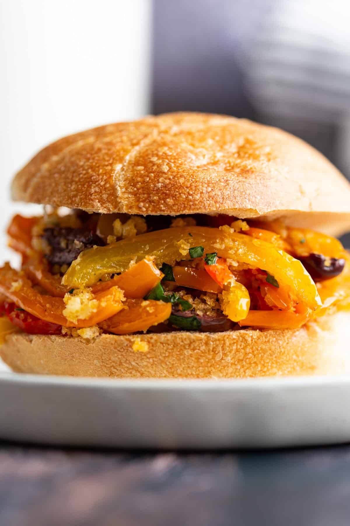 A sweet pepper and olive sandwich.