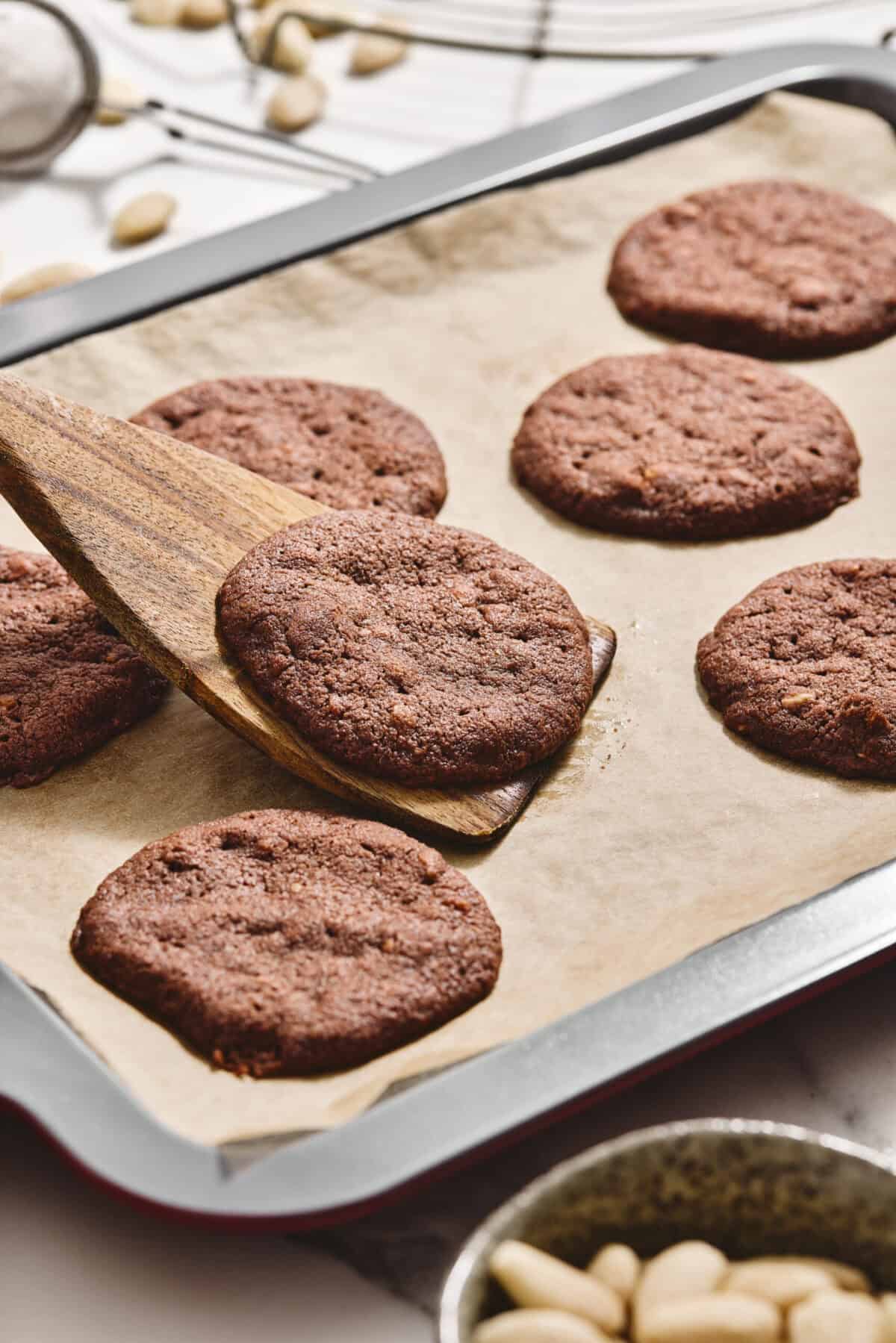 Baked cookies on a baking sheet.