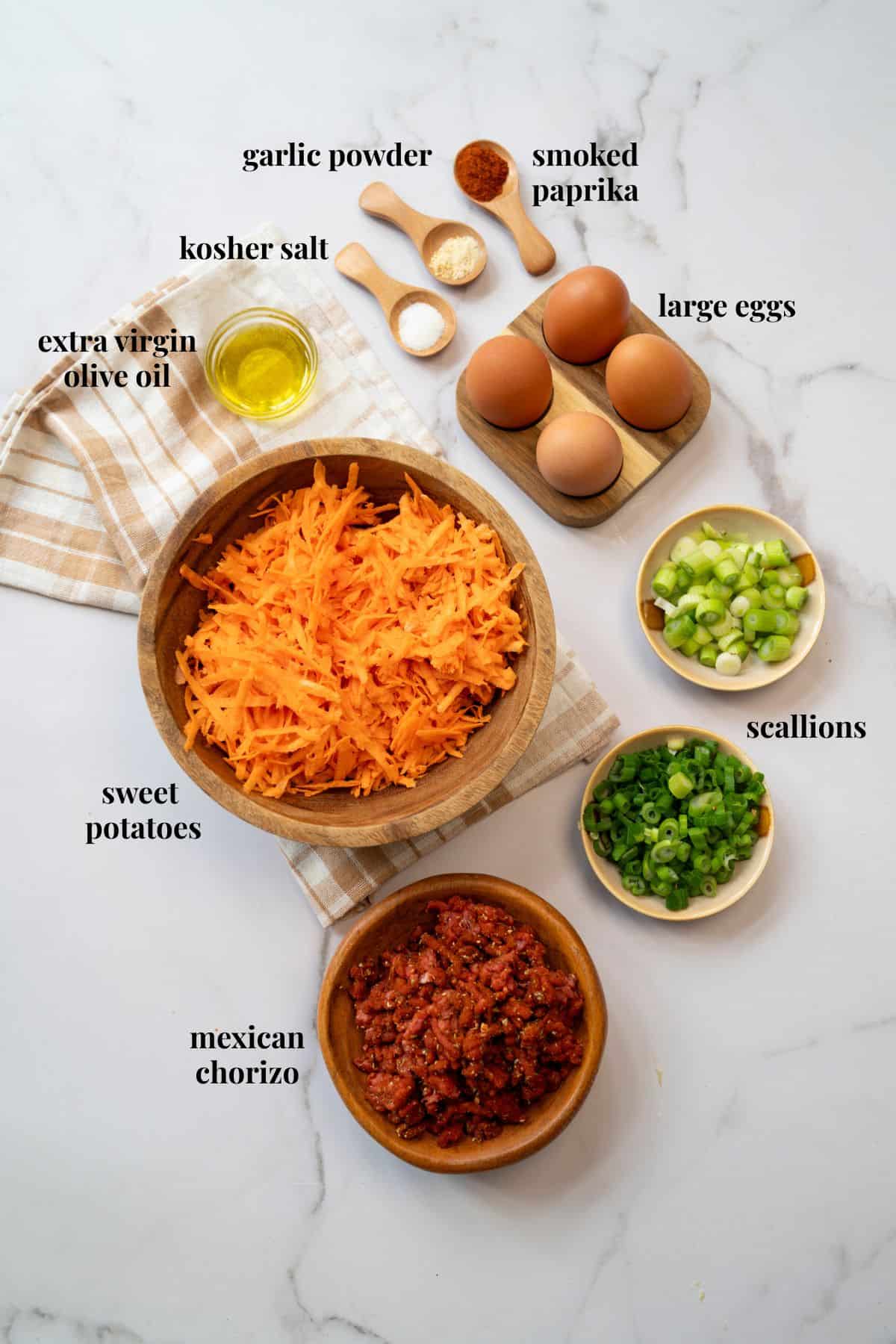Ingredient images for baked eggs with chorizo and sweet potato.