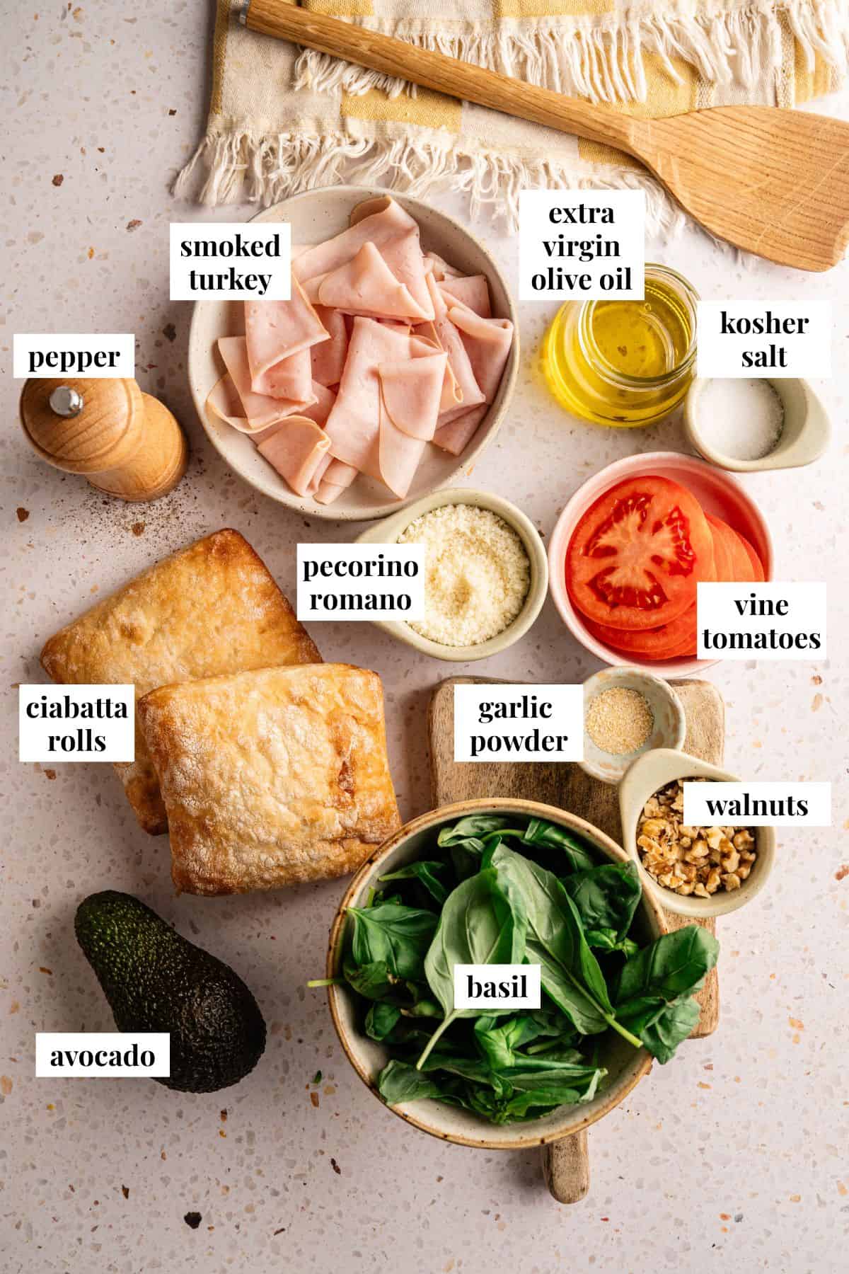 Ingredient images for a smoked turkey sandwich with avocado and pesto.