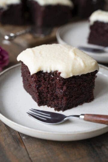 A moist piece of chocolate cake with buttermilk frosting.