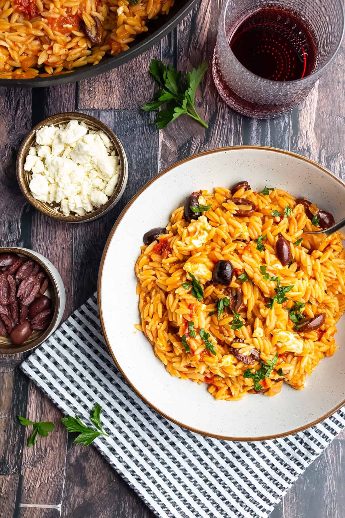 A bowl of Mediterranean orzo with feta.