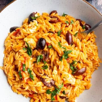 One-pan Mediterranean orzo with feta.