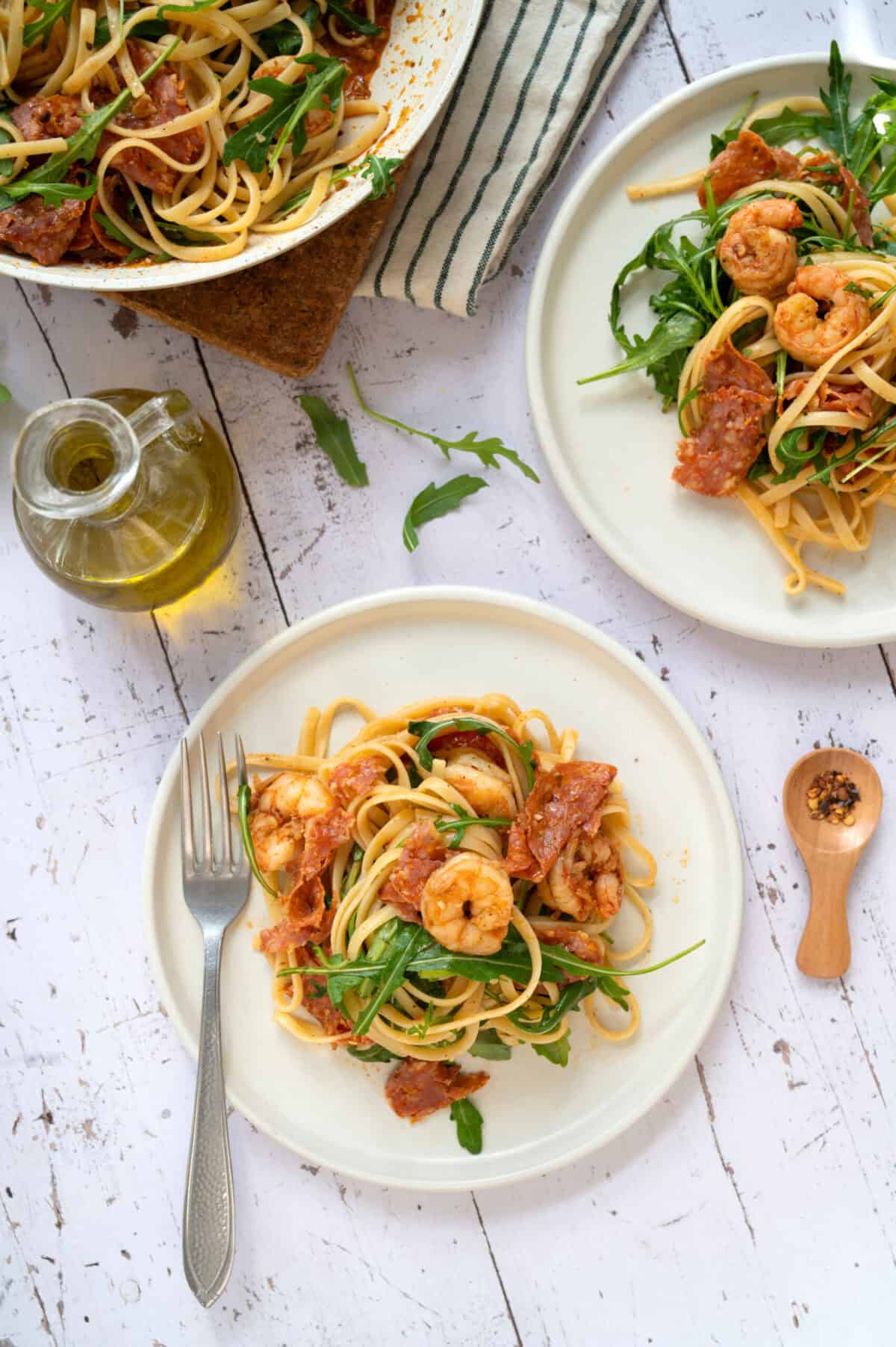Linguine tossed with Spanish chorizo and juicy shrimp.