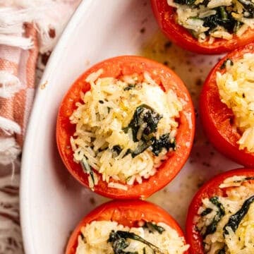 Vegetarian stuffed tomatoes with rice and feta.