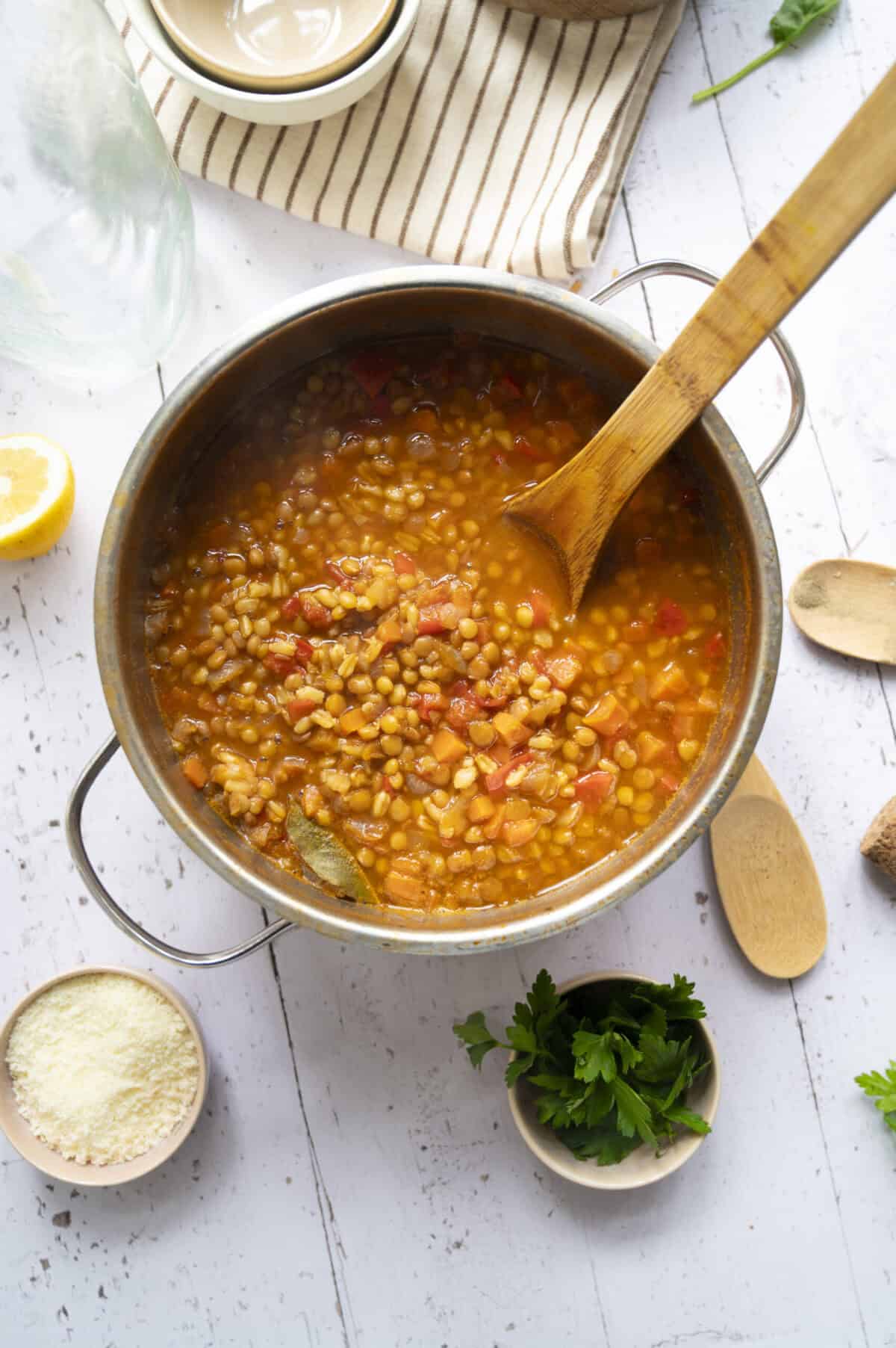 A pot of lentil and barley soup.