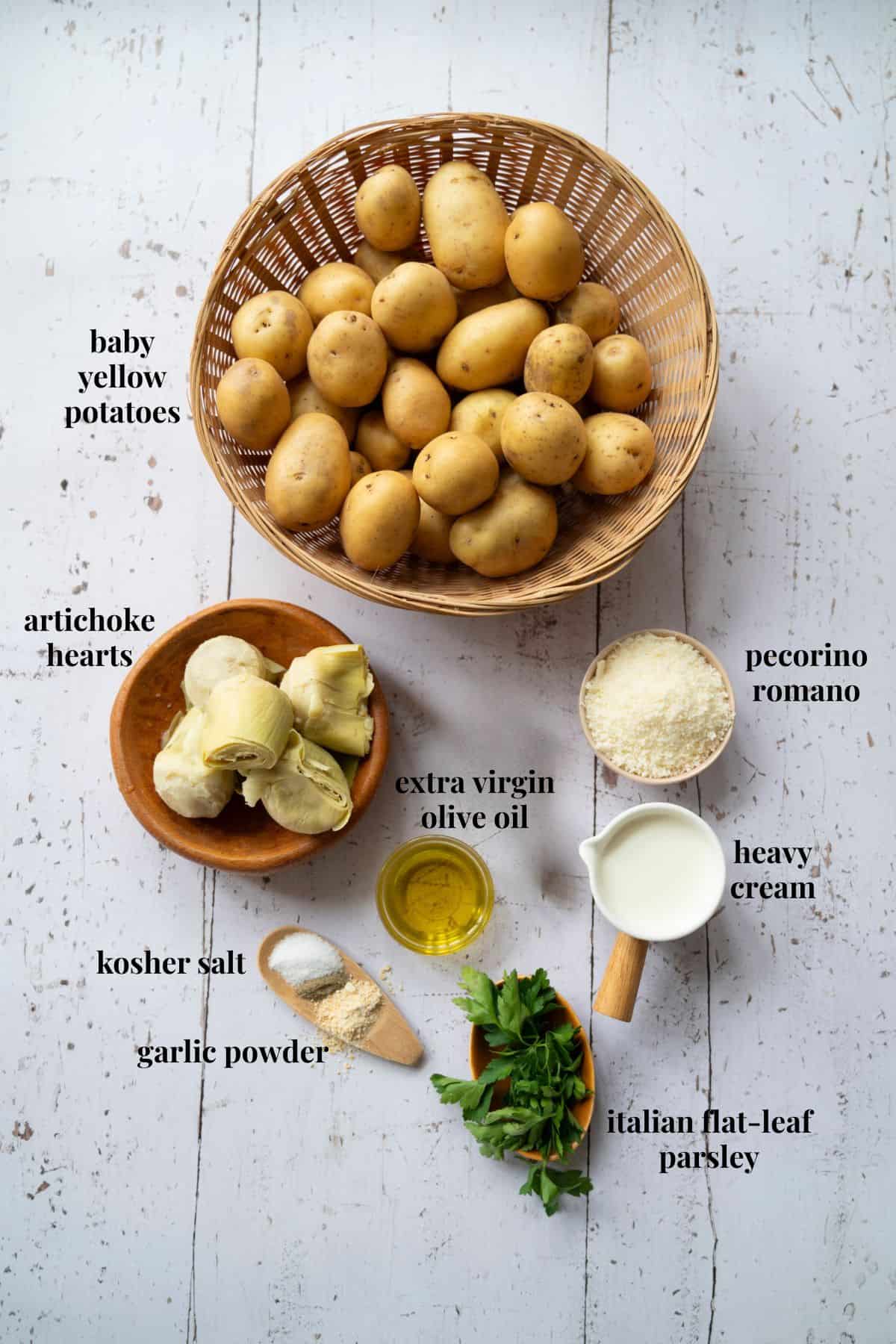 Ingredient images for creamy artichoke hearts and potatoes.