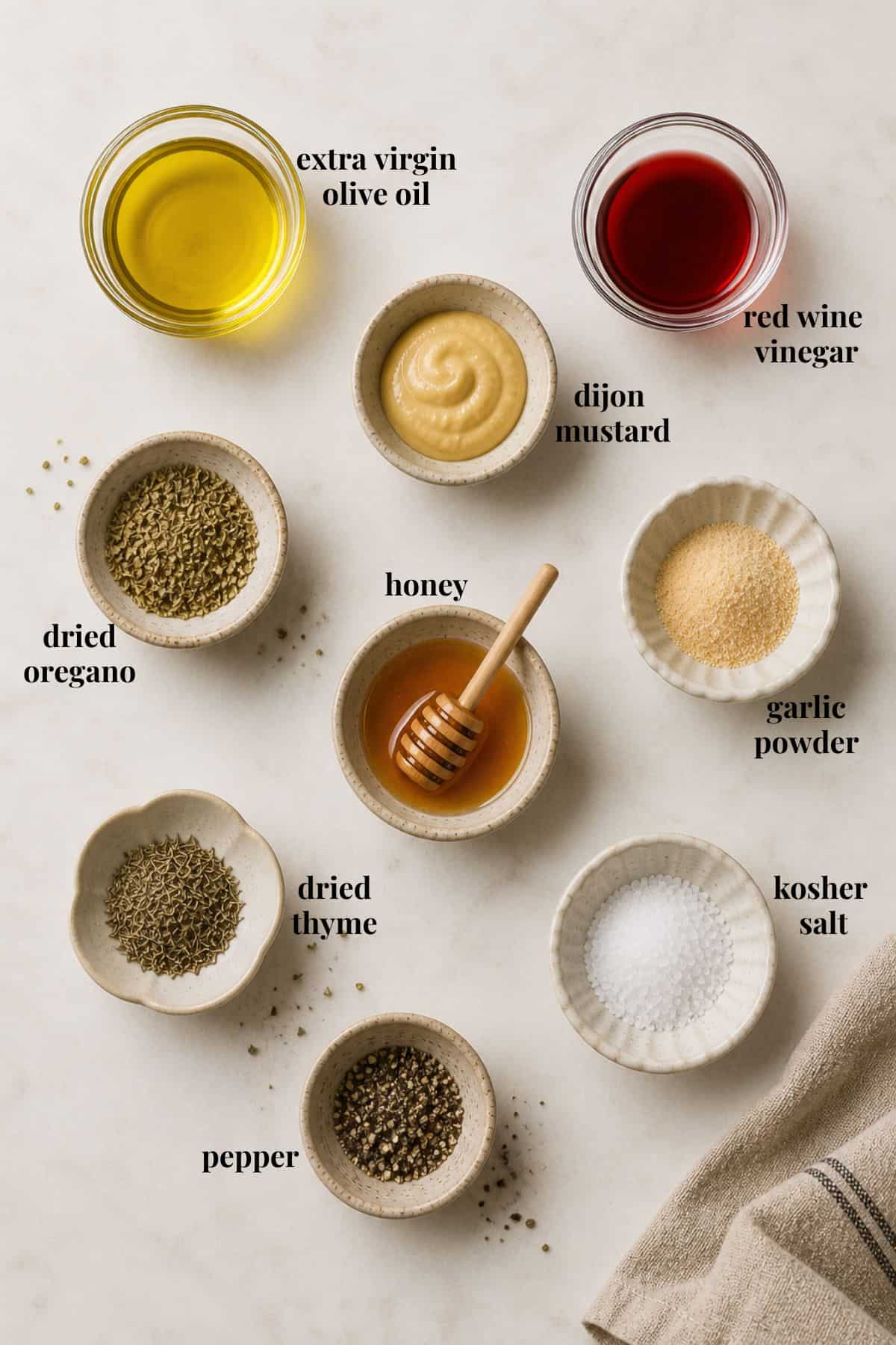 Ingredient images for a red wine vinaigrette recipe.