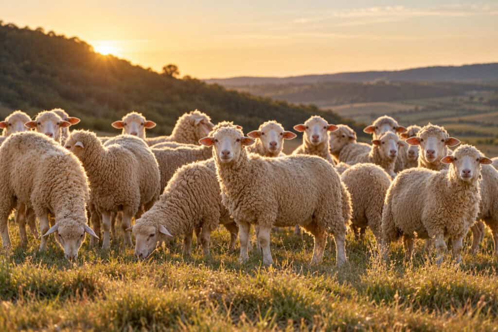 Group of sheep grazing in a field at sunset for Fulhold Animal.