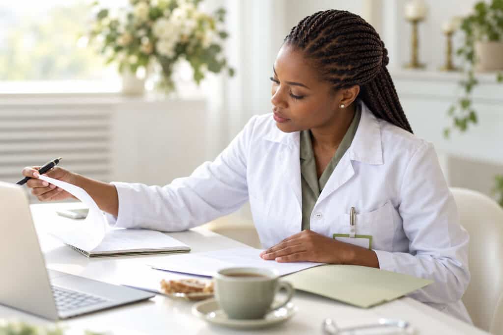 Female healthcare professional reviewing documents at desk.