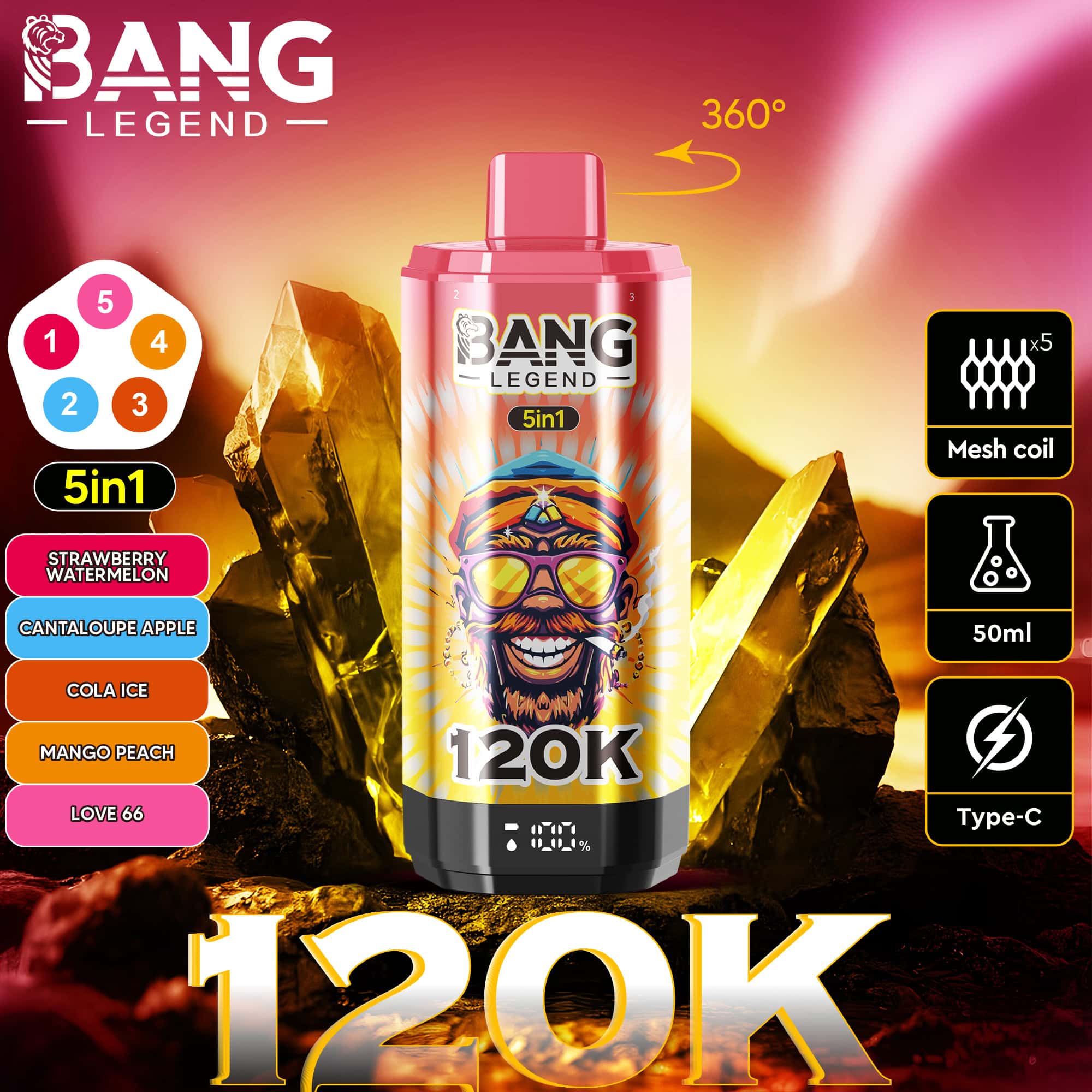 Bang Legend 120K Strawberry Watermelon/Cantaloupe Apple/Cola Ice/Mango Peach/Love 66