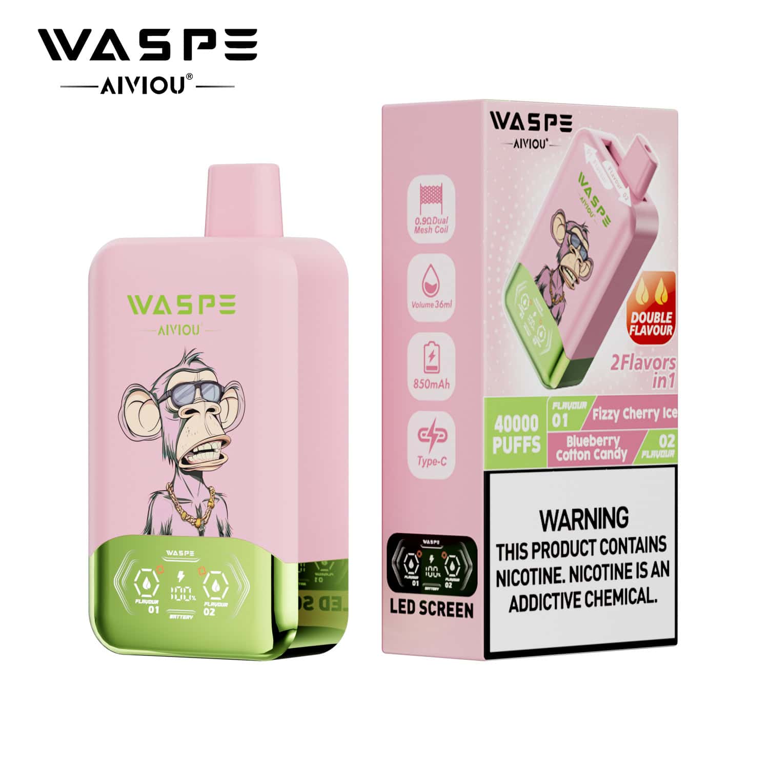 WASPE AIVIOU 40000 Fizzy Cherry Ice/Blueberry Cotton Candy
