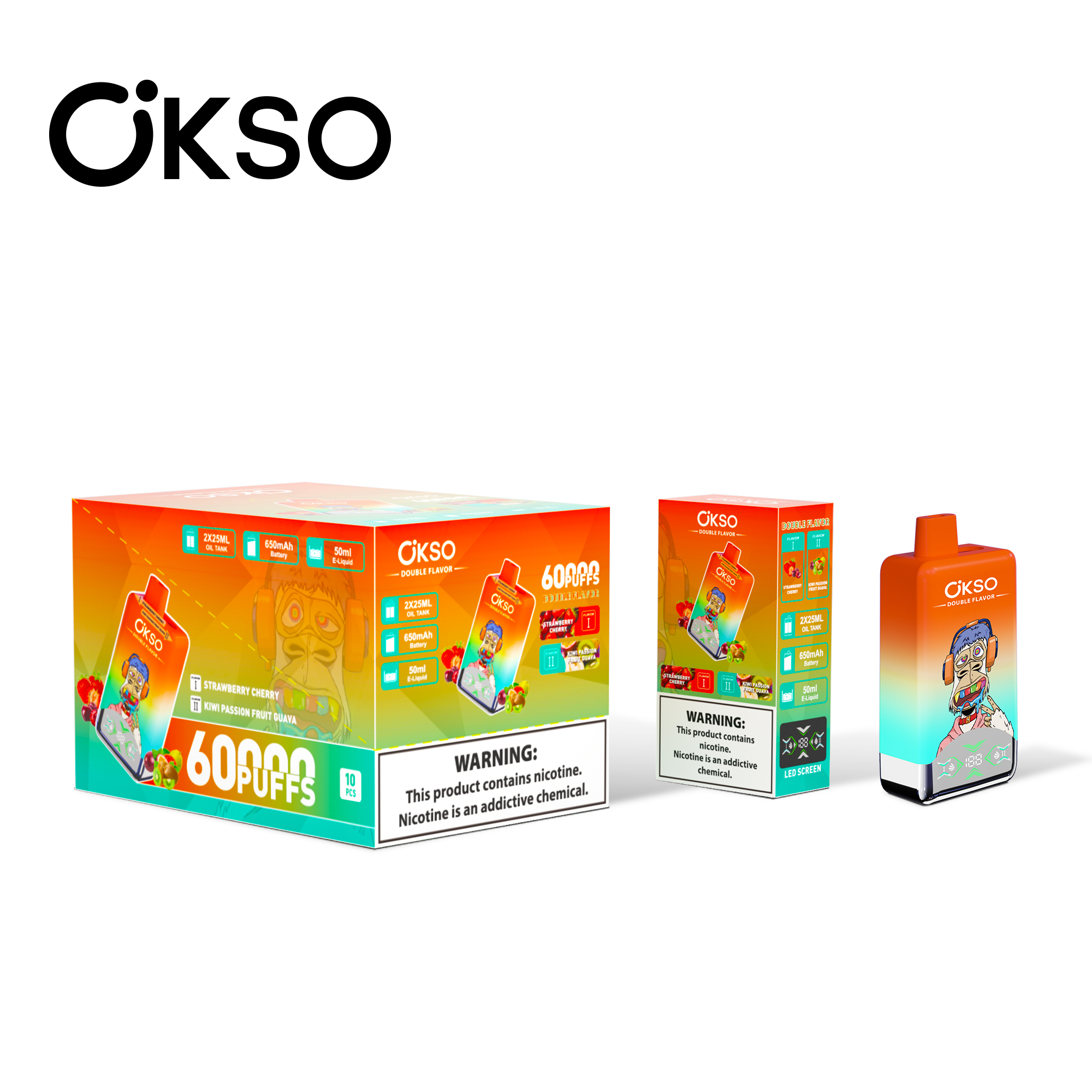 OKSO Double Flavor 60000 Strawberry Cherry/Kiwi Passion Fruit Guava