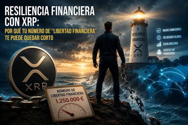 Hombre frente a un faro iluminado con símbolo de XRP durante una tormenta, con cadenas rotas y un indicador de libertad financiera