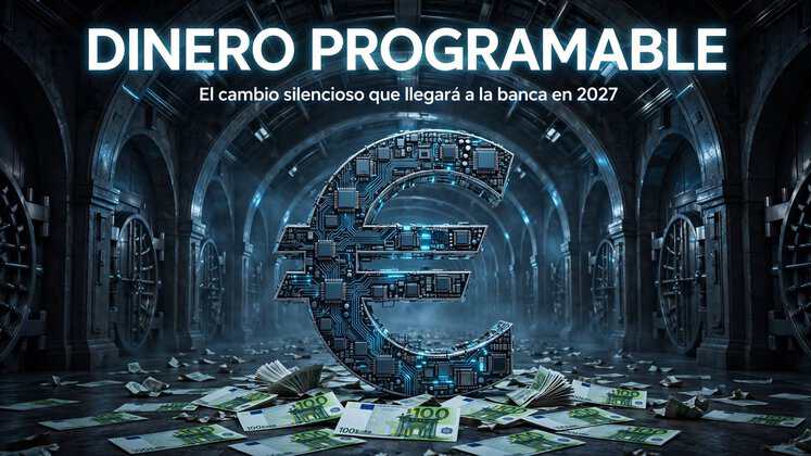 Billetes de euro transformándose en código digital con euro holográfico en bóveda bancaria futurista representando el dinero programable