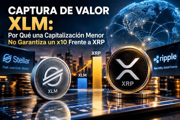 Imagen de un fondo futurista con los logos de xrp y xlm y una grafica ascendente como xrp subira mas q xlm