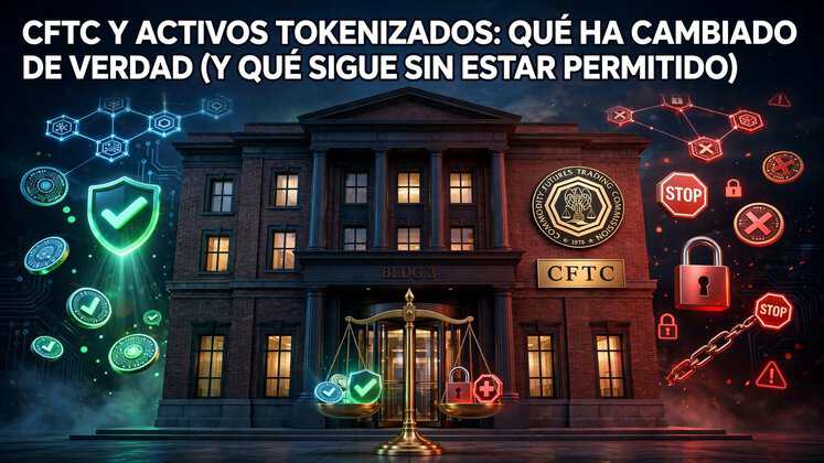 Edificio de la CFTC con balanza de justicia en primer plano equilibrando tokens cripto permitidos con escudo verde y activos bloqueados con candados y señales STOP en rojo, ilustrando el nuevo perímetro regulatorio de activos tokenizados en Estados Unidos.