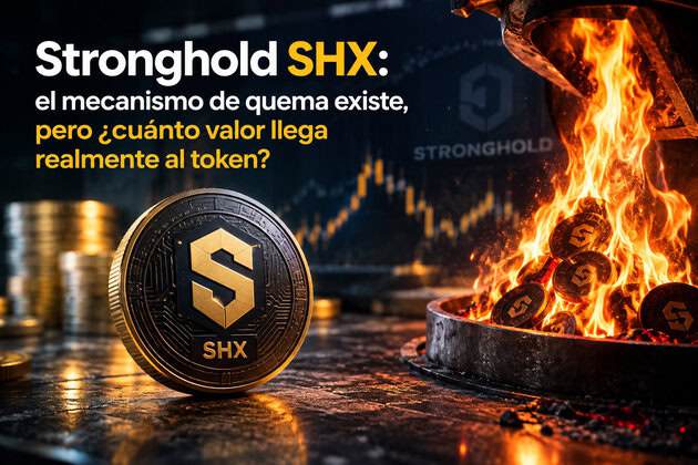 Ilustración de Stronghold SHX junto a una stablecoin Stronghold USD y una representación de IBM Blockchain World Wire, mostrando cómo la liquidación en dólares puede utilizar la stablecoin sin que la actividad económica tenga que pasar por el token SHX.