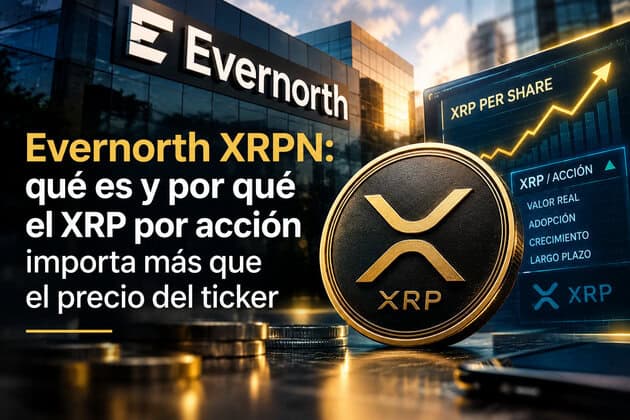 Evernorth XRPN y XRP representados junto a un gráfico financiero alcista para explicar qué es la empresa y por qué el XRP por acción importa más que el precio de su cotización