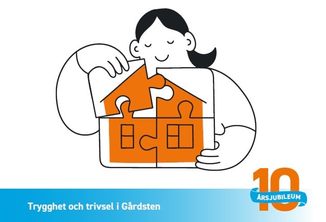 Illustration på person som pusslar ihop ett hus samt symbol för 10 årsjubileum
