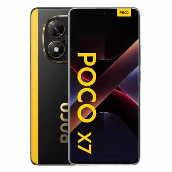 Teléfono Xiaomi Poco X7 5G con diseño moderno y cámaras duales.
