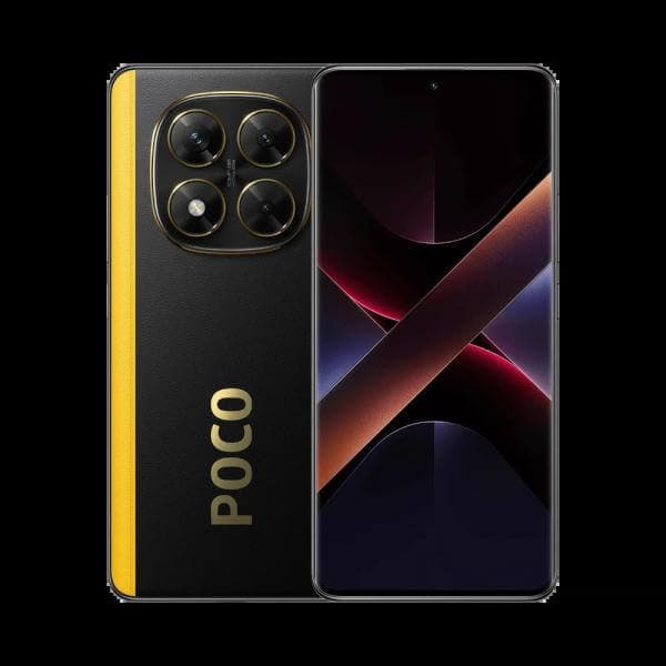 Teléfono Xiaomi Poco X7 5G negro con cámara cuádruple y pantalla grande.