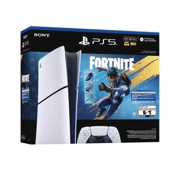 Consola Sony PS5 Slim Digital con paquete de Fortnite en caja.