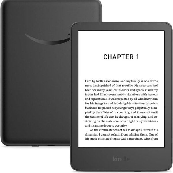 Kindle Amazon 2024 de 16GB y pantalla de 6 pulgadas, negro, vista frontal y posterior