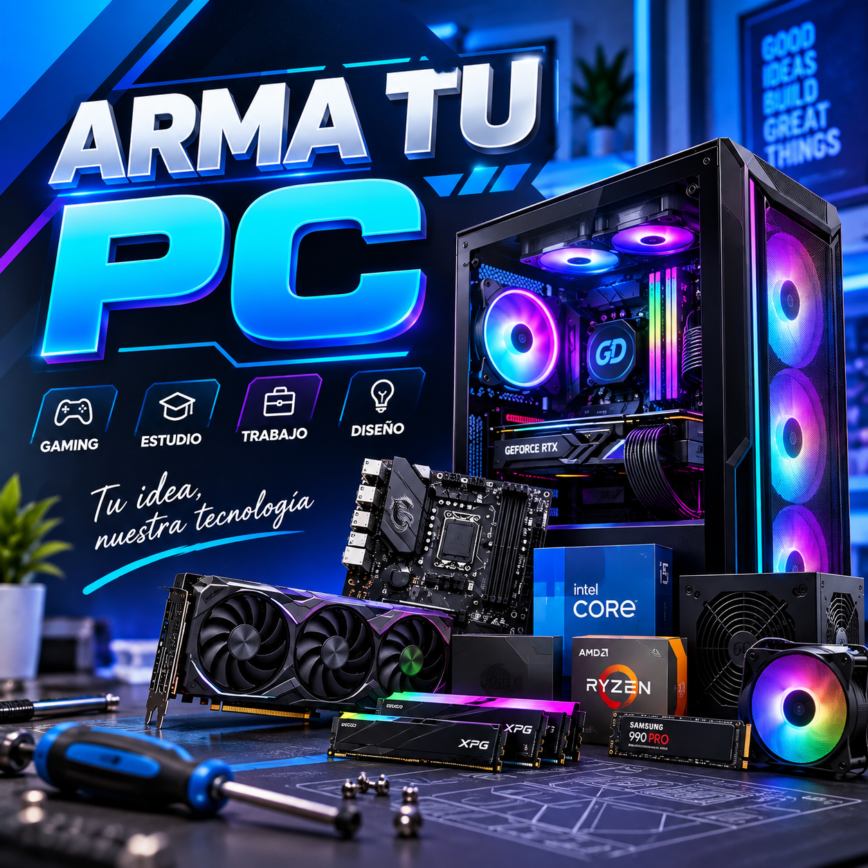 Computadora gaming con iluminación RGB y componentes para armar tu PC