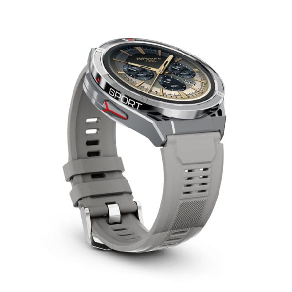 Smartwatch HiFuture Active plateado con correa gris, vista en ángulo
