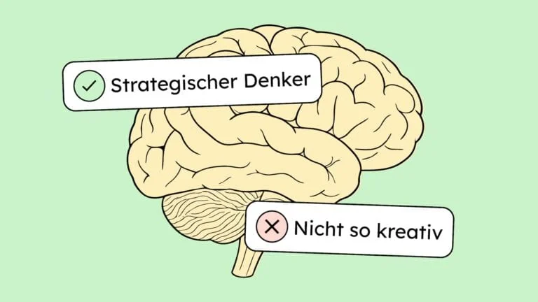 Ein Gehirn. Darauf steht als Stärke: Gut im strategischen Denken. Als Schwäche: Nicht so kreativ.
