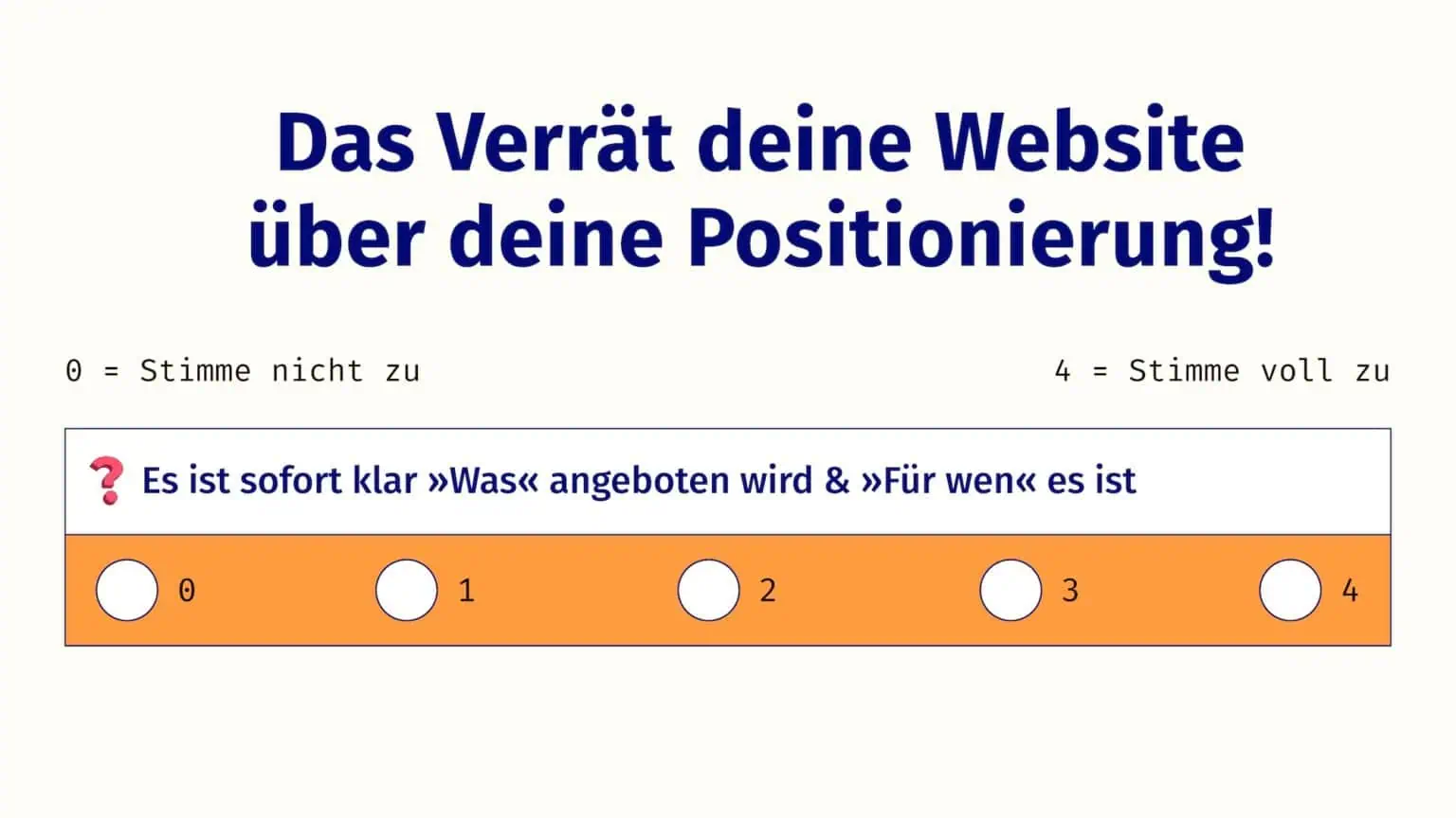 Das verrät deine Website über deine Positionierung. Eine Aussage: Es ist sofort klar, was angeboten wird und für wen es ist. Und eine Auswahl von 0 bis 4 dazu.