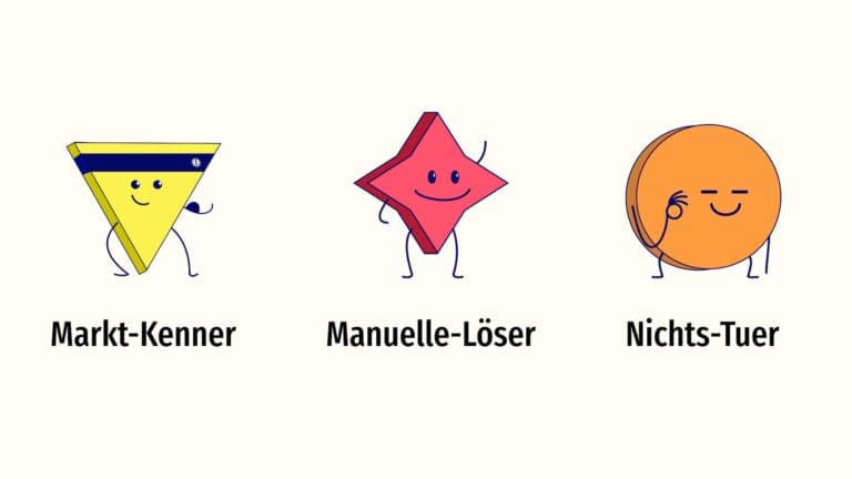 Unsere 3 Maskottchen guppiert nach Kundenfreie: Der erste ist Markt-Kenner. Der zweite ist Manueller-Löser. Der Dritte ist Nichts-Tuer.