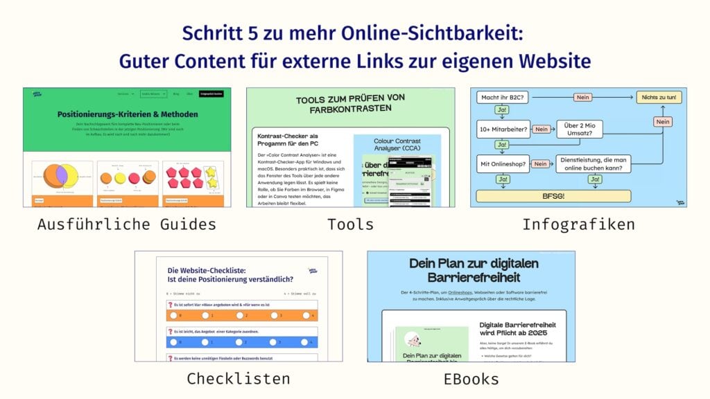 Eine Liste von teilbarem Content, der Links generiert. Tools, Infografiken, Guides, E-Books und Checklisten.