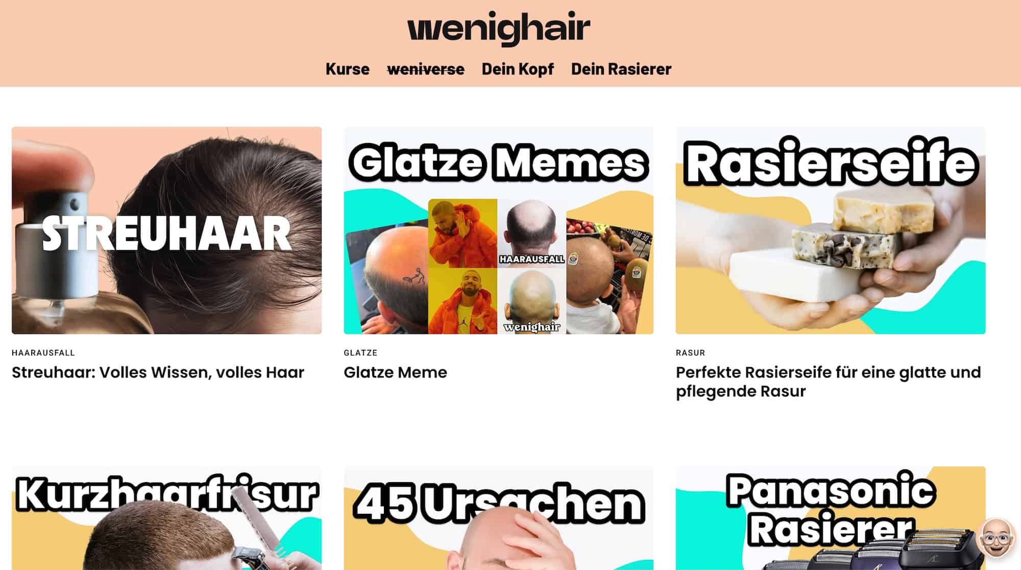 Screenshot der Startseite von wenighair