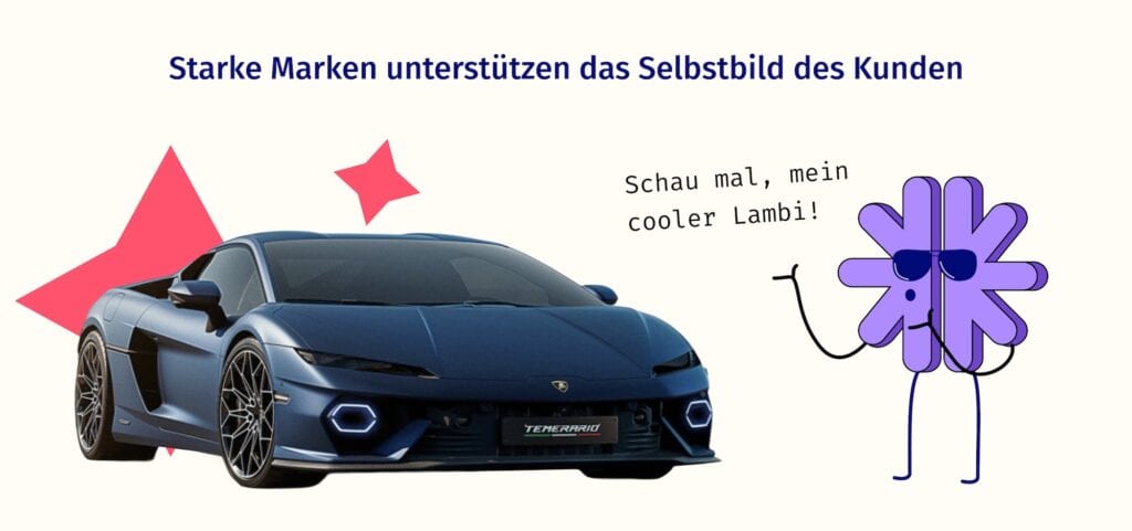 Illustration eines Gehrins, das sich supercool findet, weil es die starke Marke Lamborghini gekauft hat