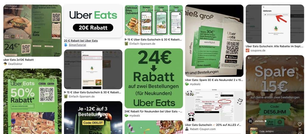 Screenshot der Google-Suche mit allen Rabatten von Uber-Eats