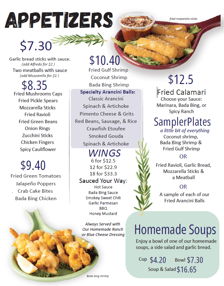 Foley Alabama dinner menu featuring Italian appetizers, wings, sampler plates, and homemade soups.