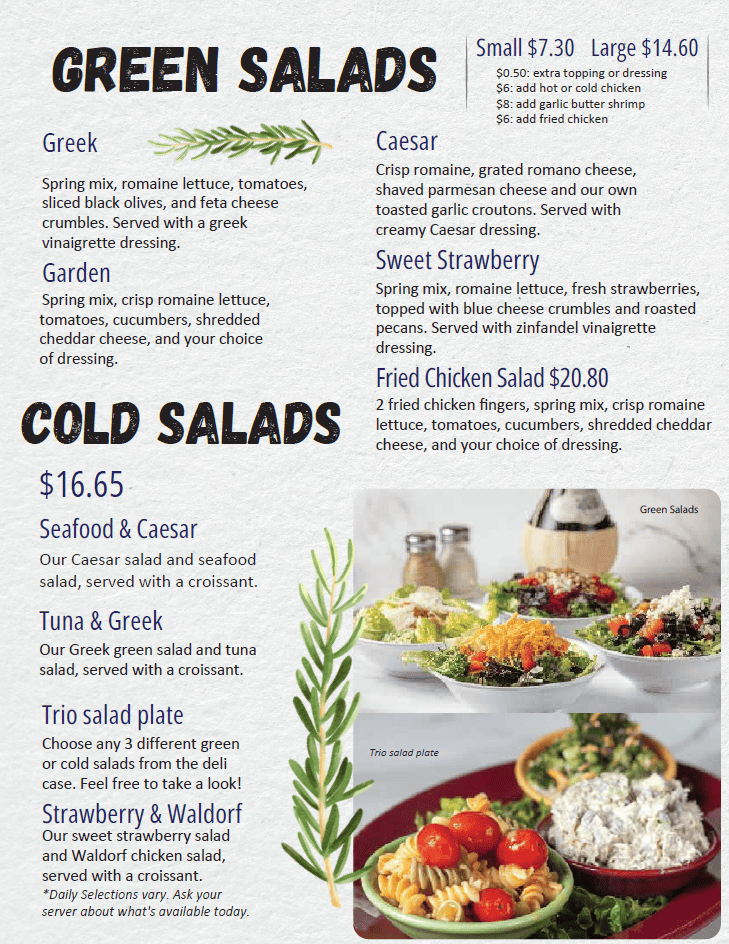 Gelato Joe's Foley Alabama dinner menu featuring green and cold salads