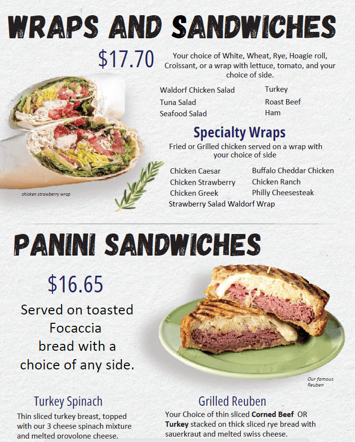Gelato Joe’s Foley menu featuring wraps, sandwiches, and a grilled Reuben on toasted focaccia.