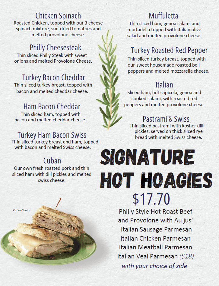 Gelato Joe’s Foley Alabama lunch menu featuring signature hot hoagies and sandwich options.